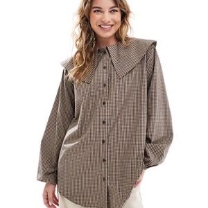 ASOS Design Oversized Collar Longline Check Brown & Black Shirt Size XS Women’s